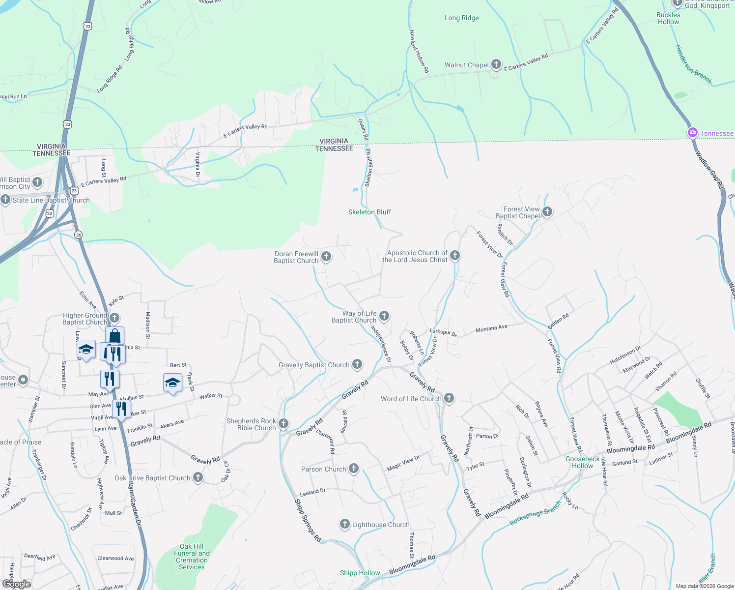 map of restaurants, bars, coffee shops, grocery stores, and more near 1135 Qualls Road in Kingsport