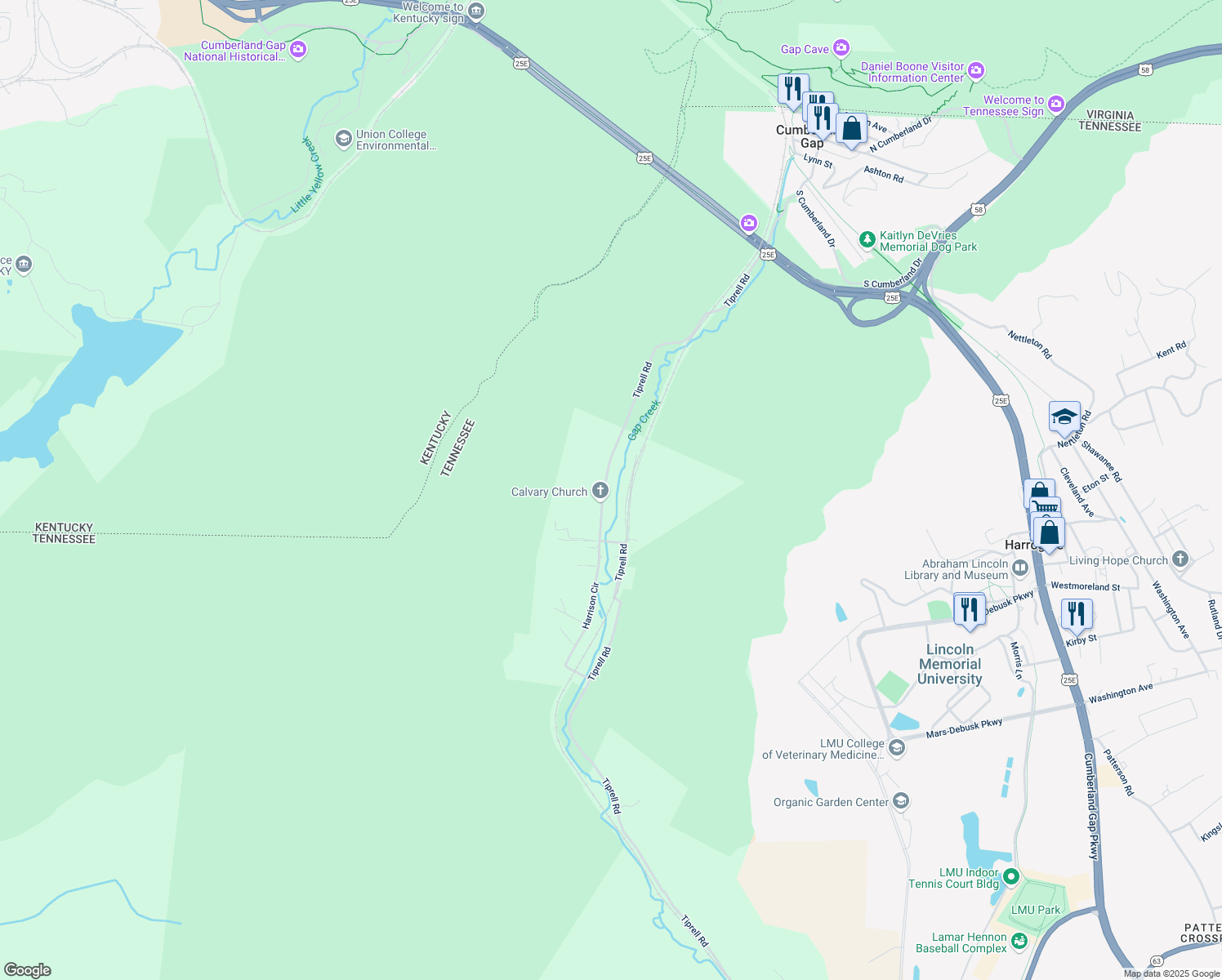 map of restaurants, bars, coffee shops, grocery stores, and more near 629 Tiprell Road in Cumberland Gap