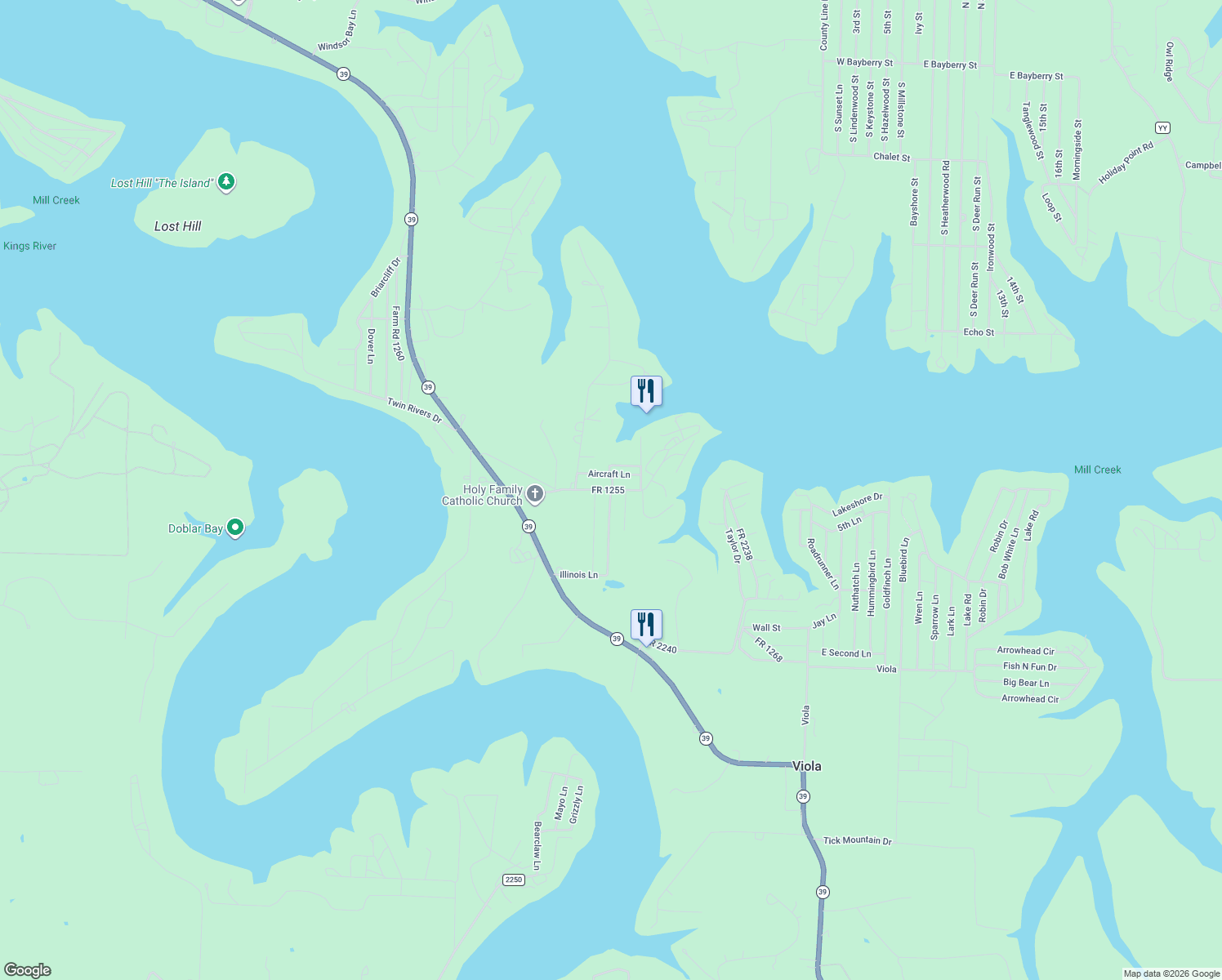 map of restaurants, bars, coffee shops, grocery stores, and more near Lake 39-30 Road in Shell Knob
