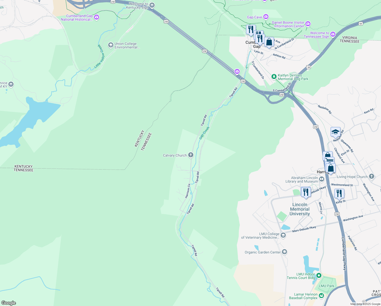 map of restaurants, bars, coffee shops, grocery stores, and more near 629 Tiprell Road in Cumberland Gap