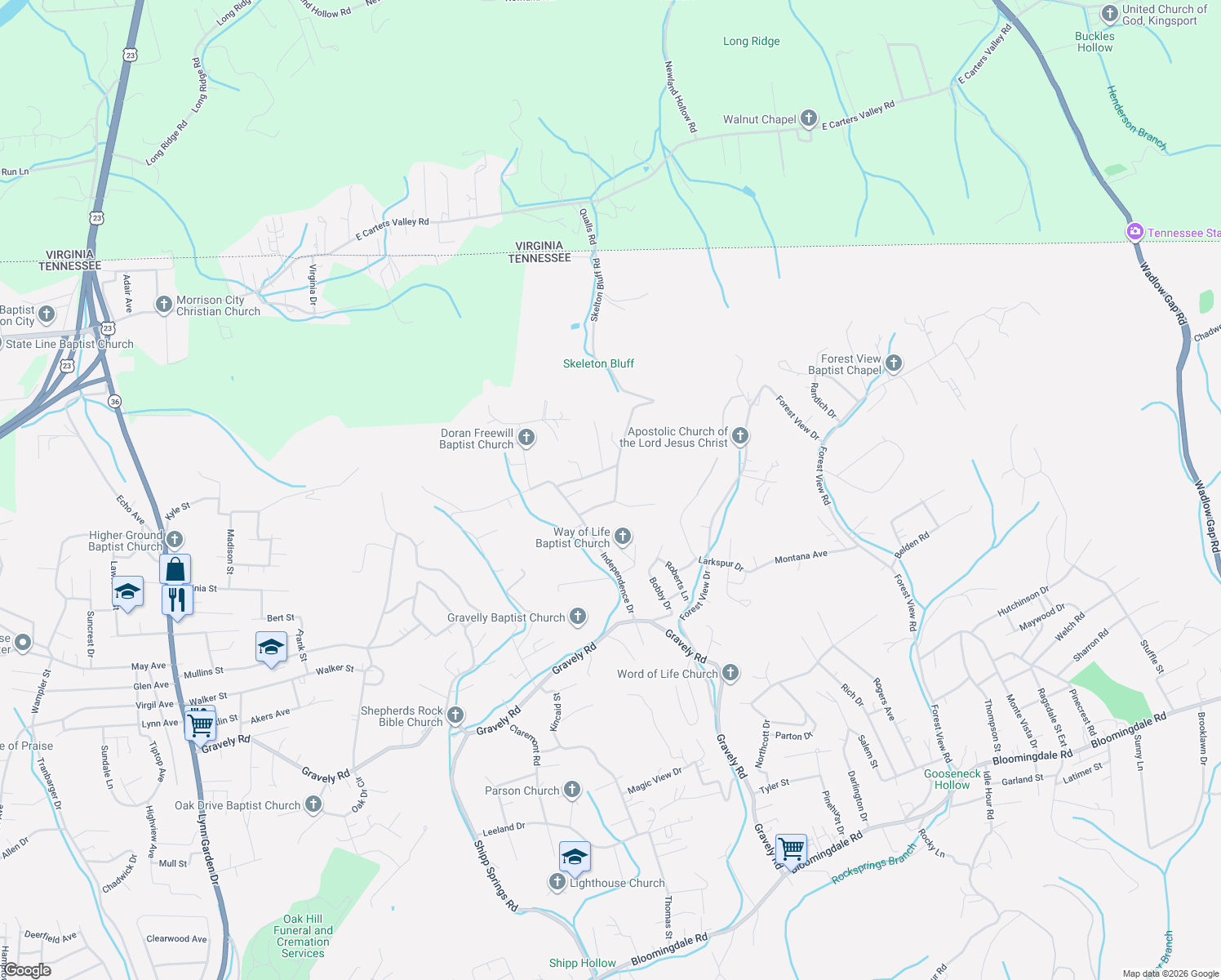 map of restaurants, bars, coffee shops, grocery stores, and more near 1135 Qualls Road in Kingsport