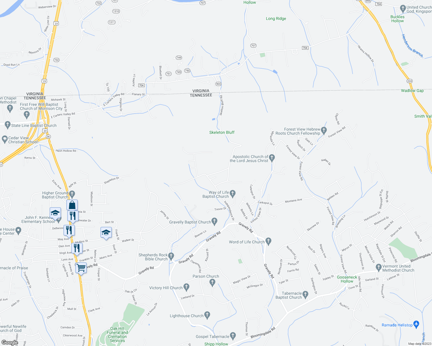 map of restaurants, bars, coffee shops, grocery stores, and more near 1113 Skelton Bluff Road in Kingsport