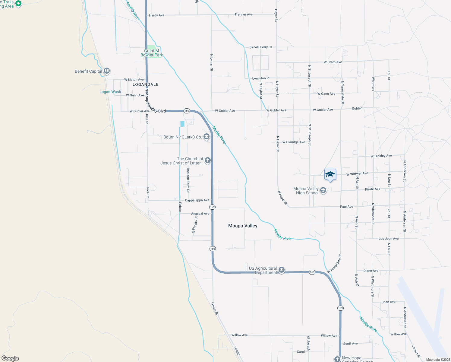 map of restaurants, bars, coffee shops, grocery stores, and more near 1420 Logandale Drive in Moapa Valley