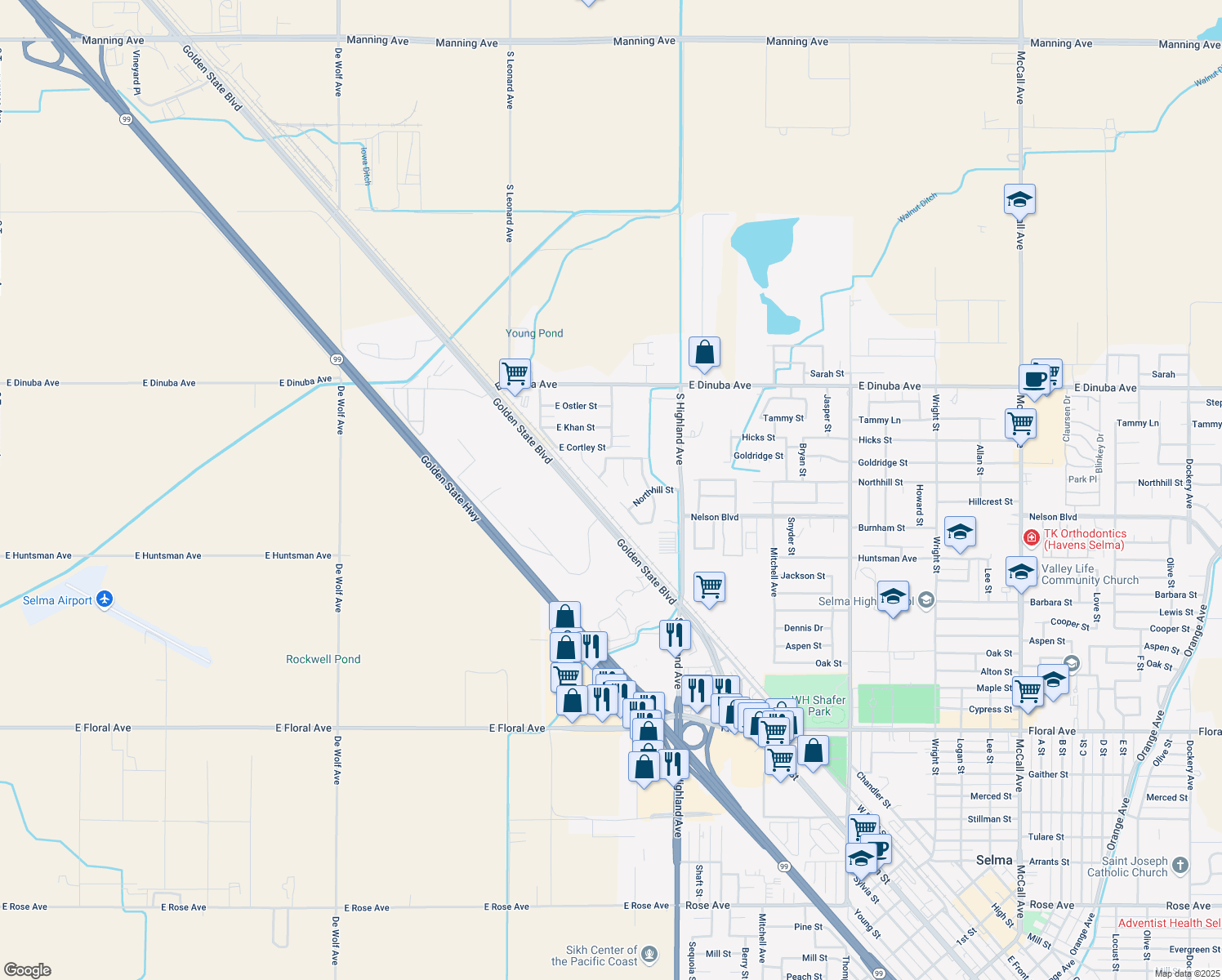 map of restaurants, bars, coffee shops, grocery stores, and more near 3603 N Chandler Ct in Selma