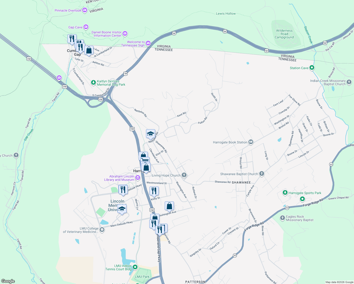 map of restaurants, bars, coffee shops, grocery stores, and more near 186 Rector Dr in Harrogate