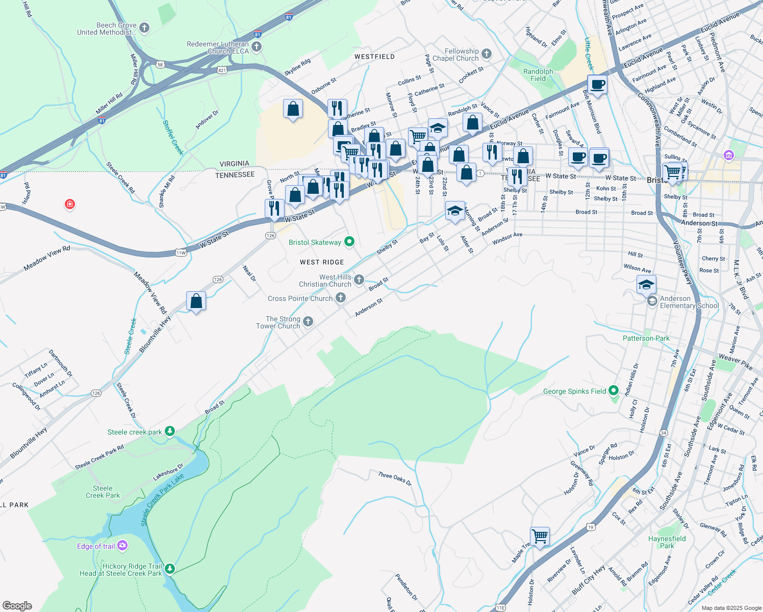 map of restaurants, bars, coffee shops, grocery stores, and more near 2620 Anderson St in Bristol
