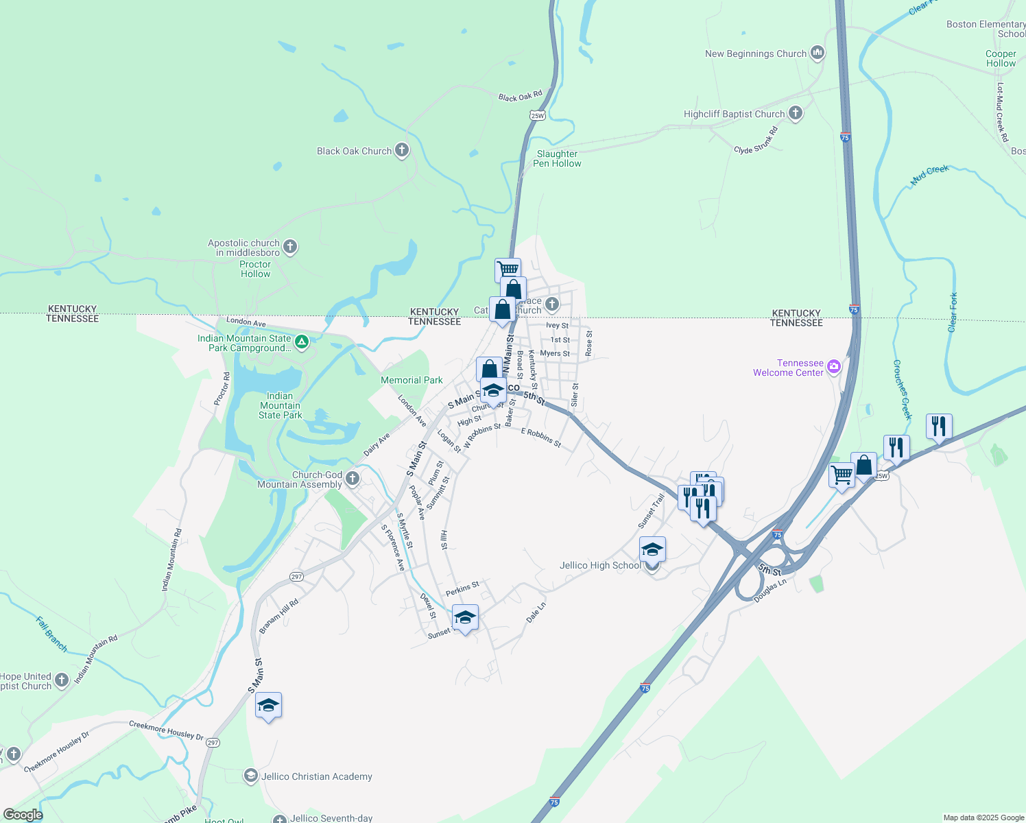 map of restaurants, bars, coffee shops, grocery stores, and more near 214 Baptist St in Jellico