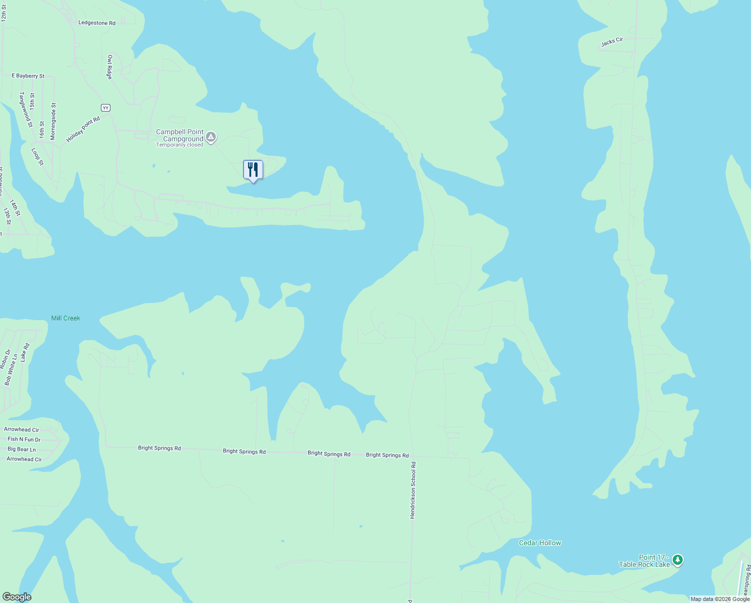 map of restaurants, bars, coffee shops, grocery stores, and more near 277 Cedar Falls Road in Shell Knob