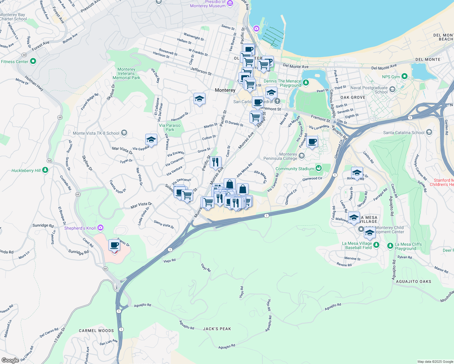 map of restaurants, bars, coffee shops, grocery stores, and more near 101 Don Dahvee Lane in Monterey