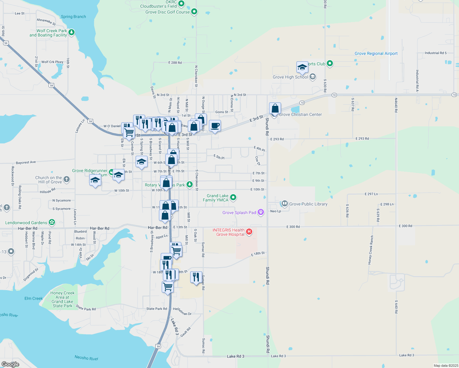map of restaurants, bars, coffee shops, grocery stores, and more near 604 East 9th Street in Grove
