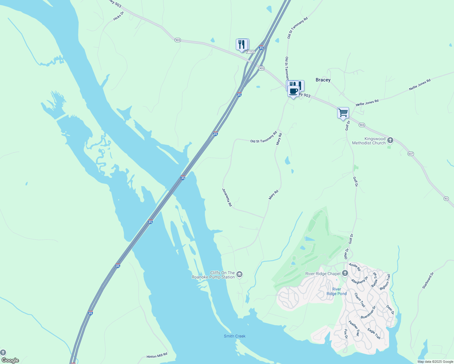 map of restaurants, bars, coffee shops, grocery stores, and more near in Bracey