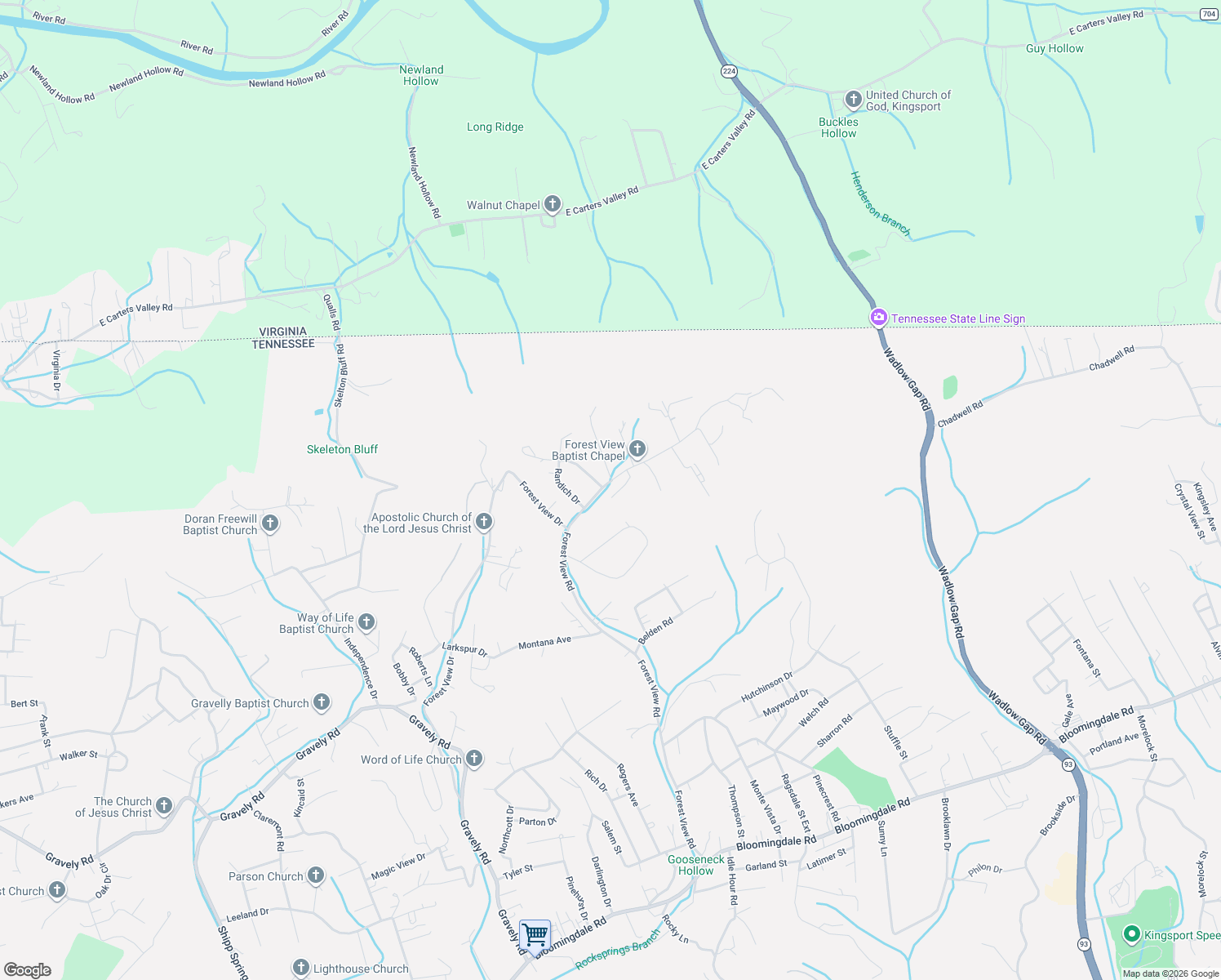 map of restaurants, bars, coffee shops, grocery stores, and more near 3233 Forest View Road in Kingsport