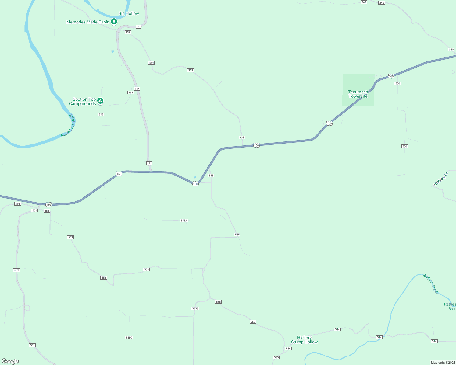 map of restaurants, bars, coffee shops, grocery stores, and more near 101 County Road 555 in Tecumseh