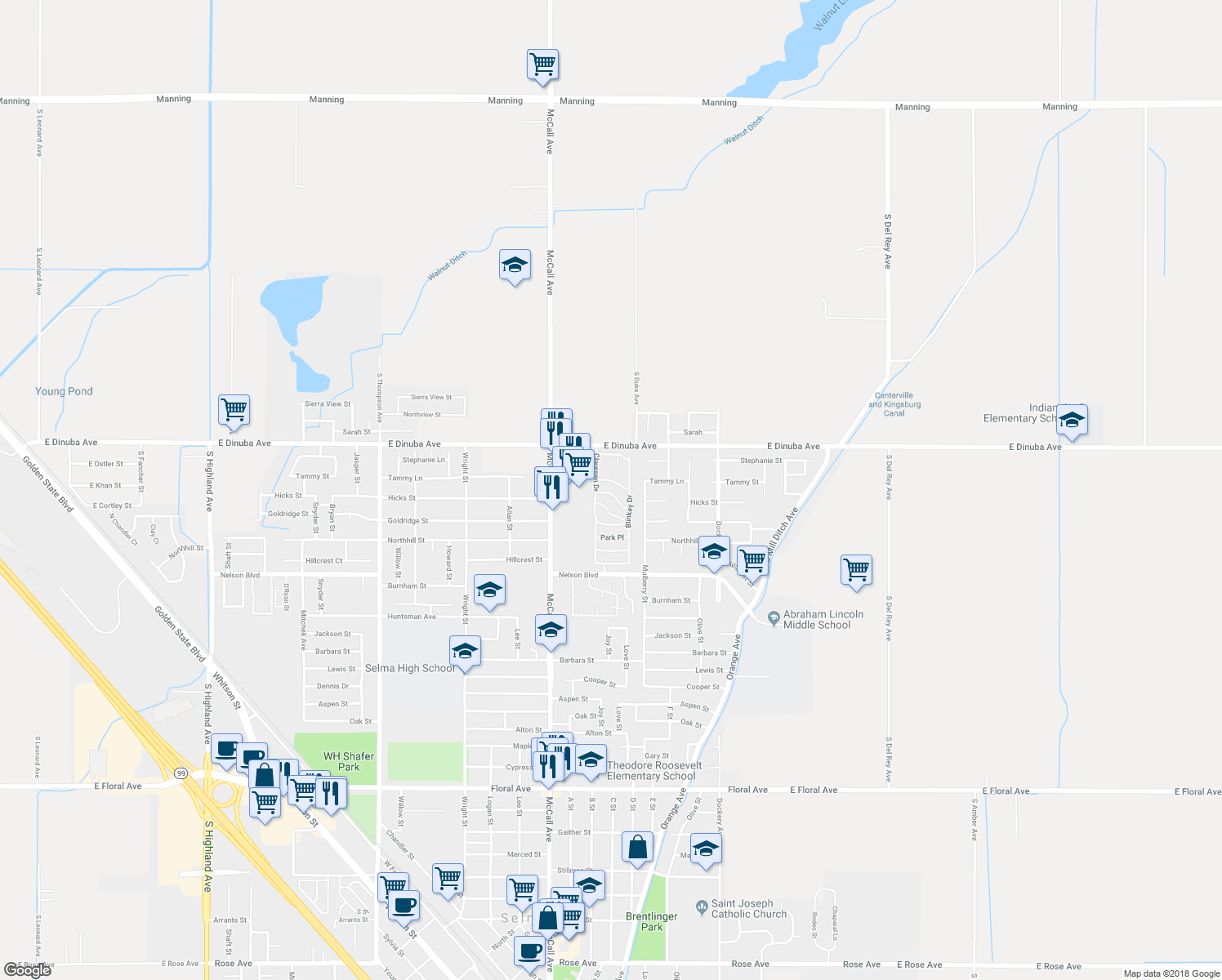 map of restaurants, bars, coffee shops, grocery stores, and more near B Court in Selma