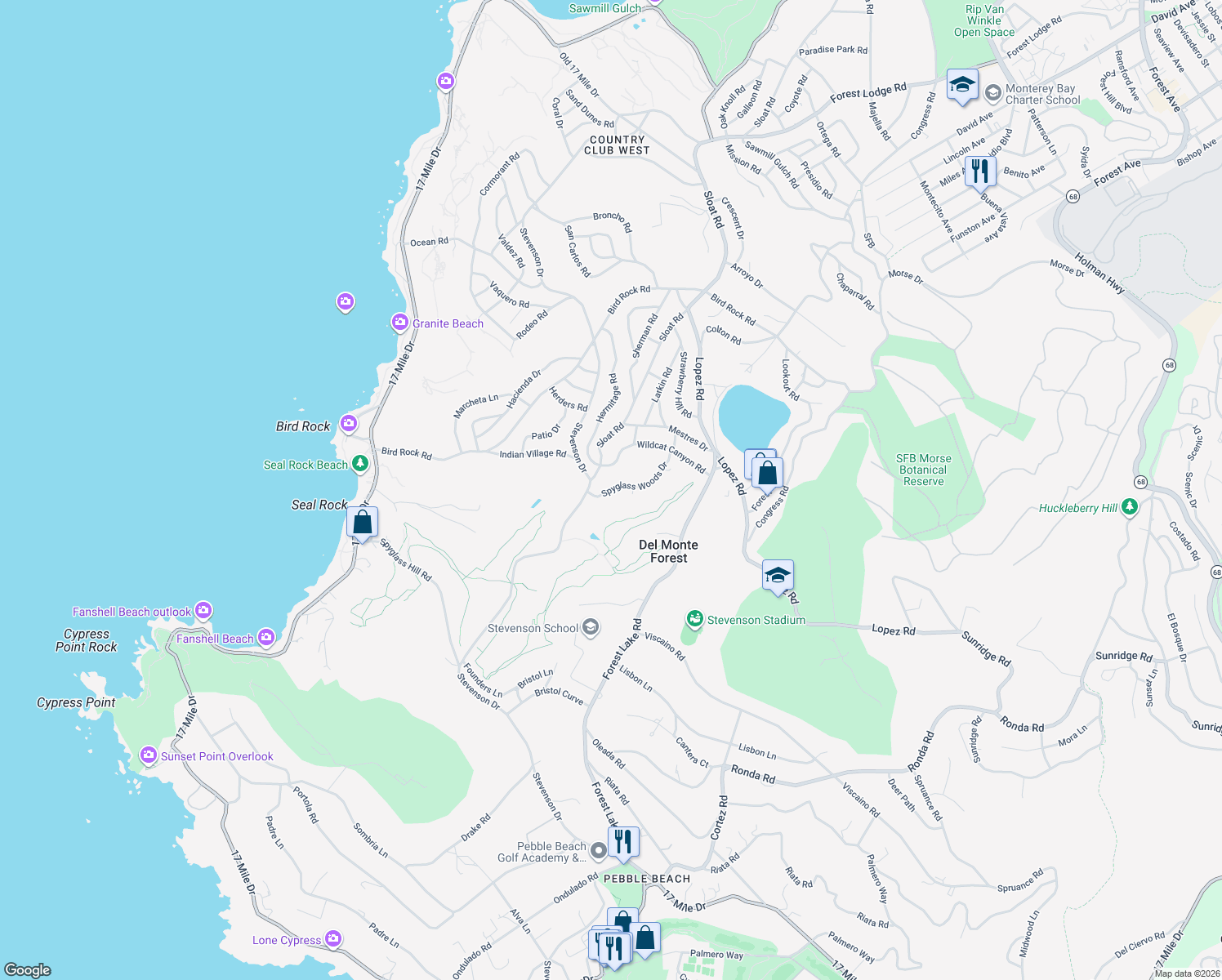 map of restaurants, bars, coffee shops, grocery stores, and more near 1071 Spyglass Woods Drive in Del Monte Forest