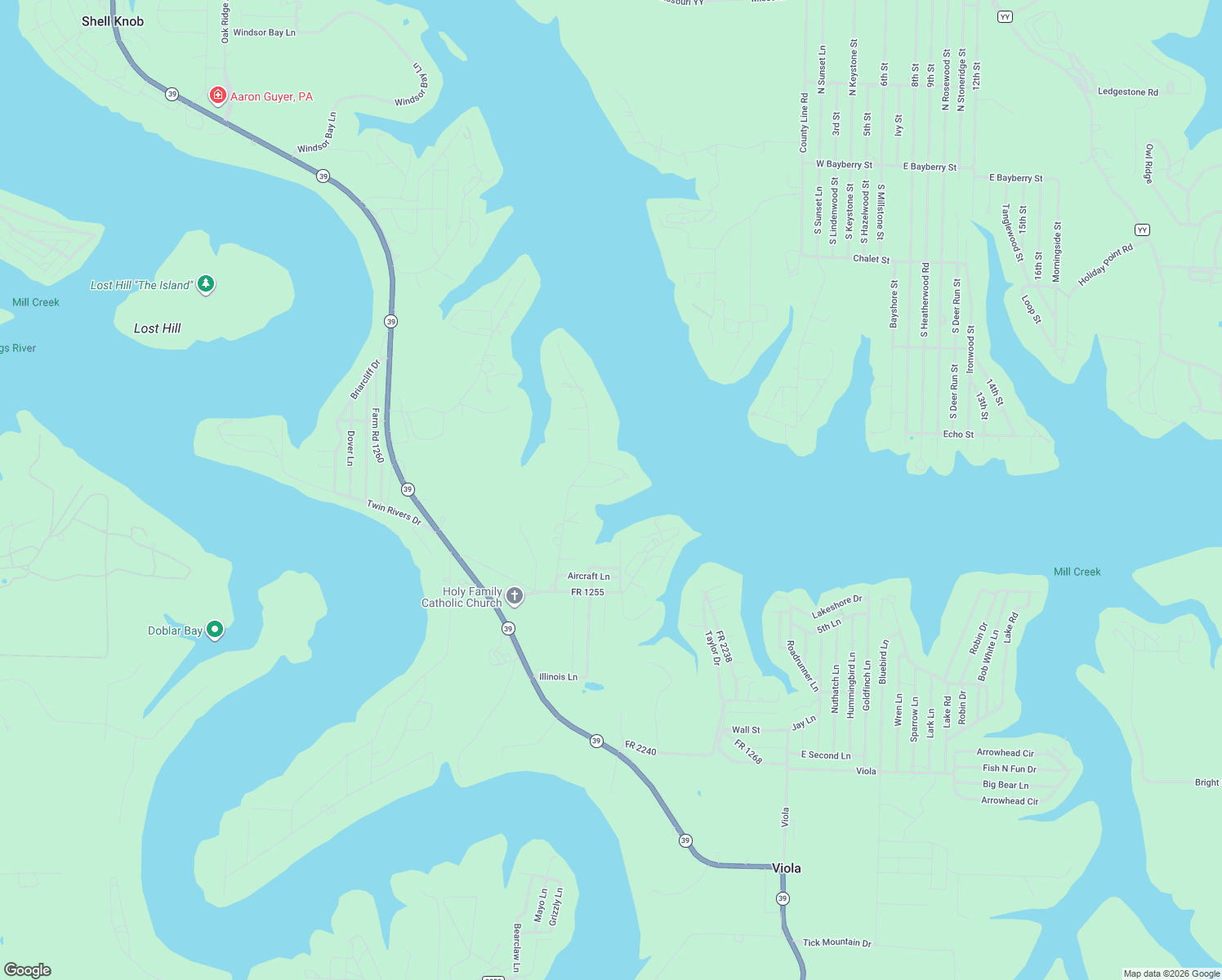map of restaurants, bars, coffee shops, grocery stores, and more near 26900-26998 Cottage Lane in Shell Knob