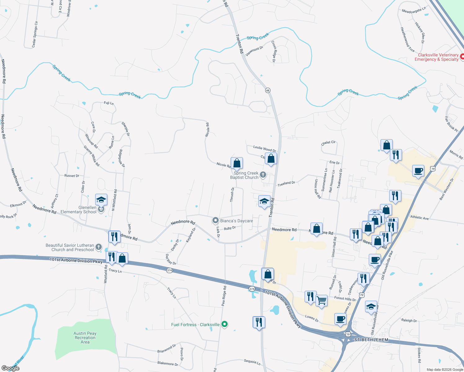 map of restaurants, bars, coffee shops, grocery stores, and more near 2829 Thrush Drive in Clarksville