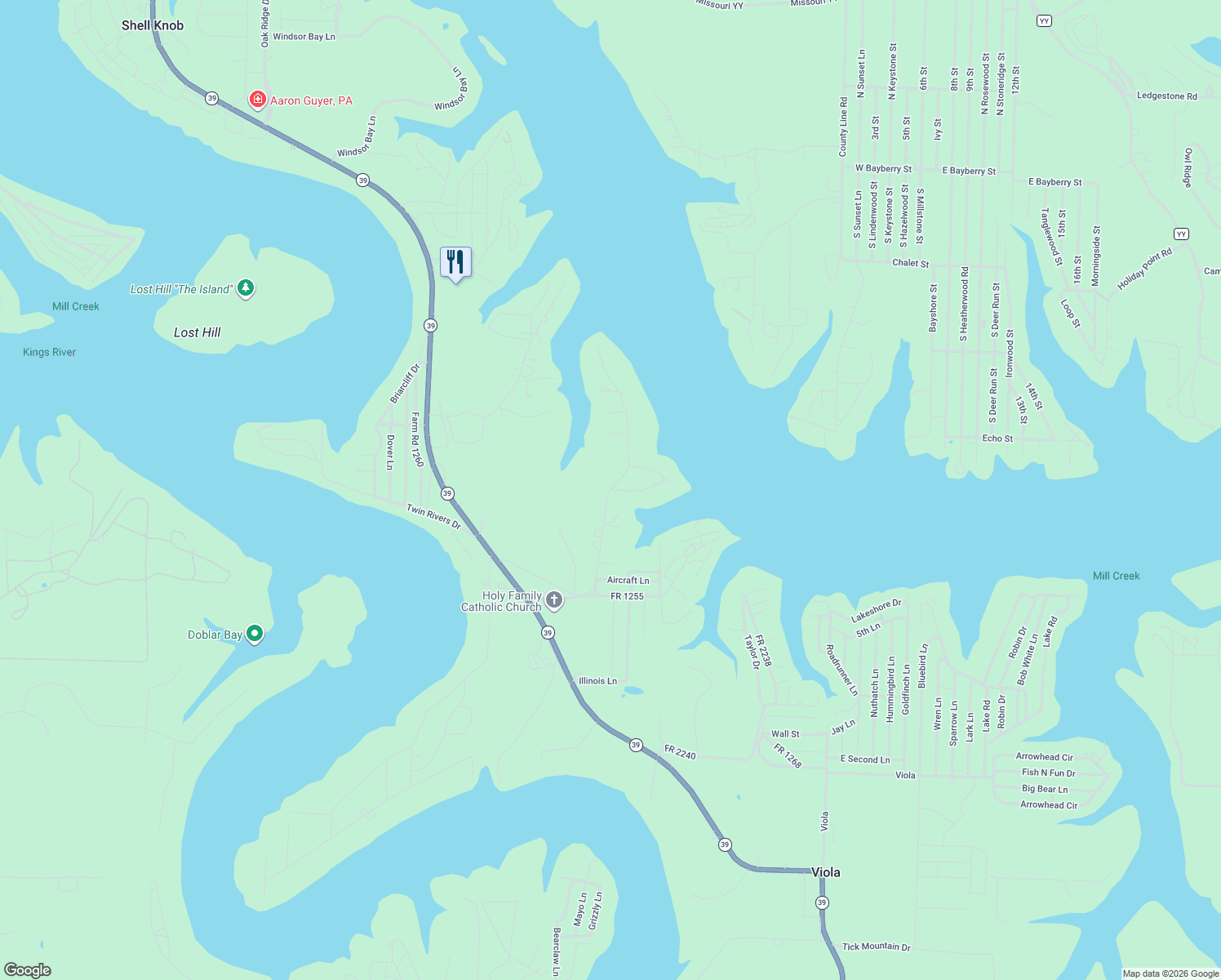 map of restaurants, bars, coffee shops, grocery stores, and more near 26900 Cottage Lane in Shell Knob
