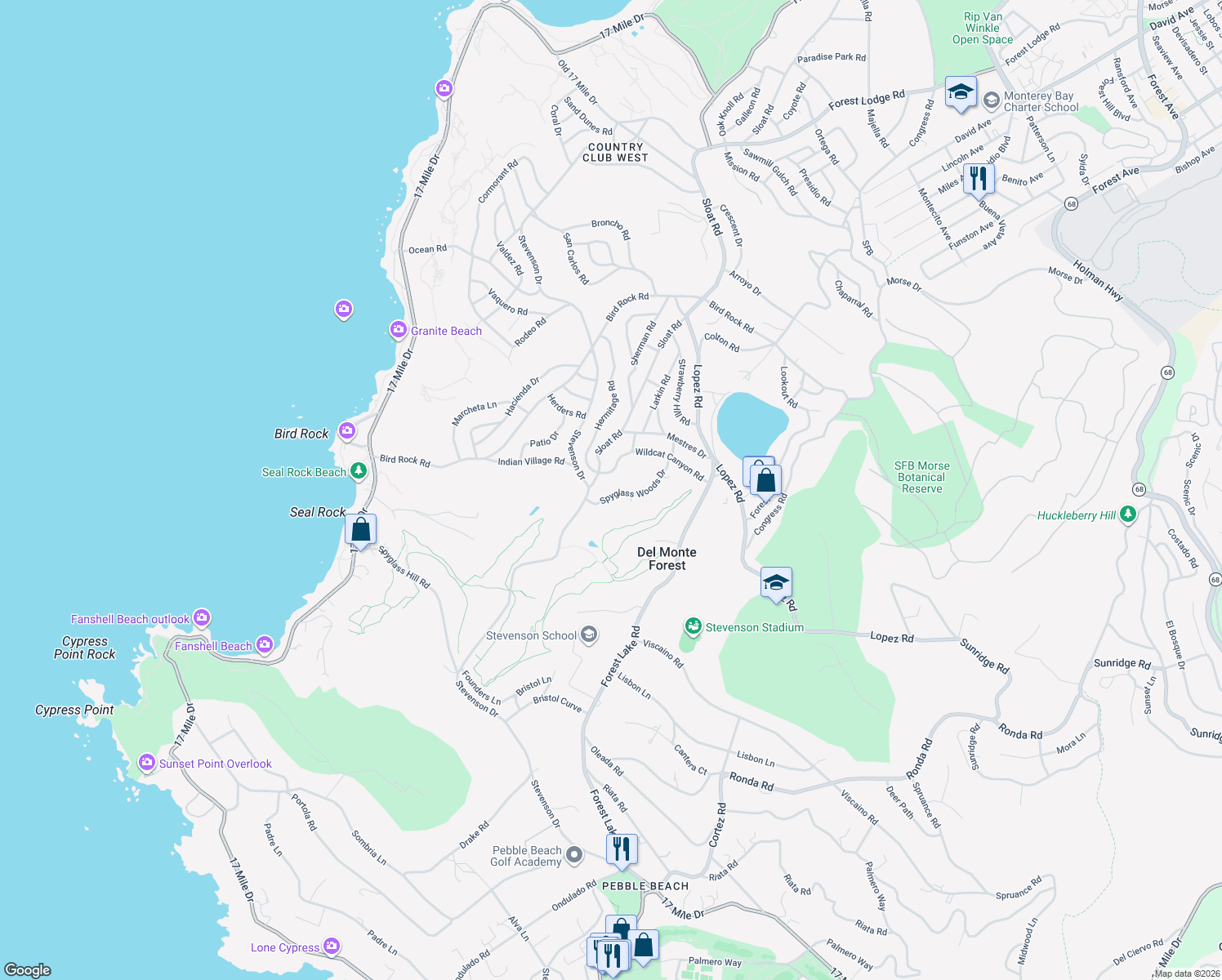 map of restaurants, bars, coffee shops, grocery stores, and more near 1071 Spyglass Woods Drive in Del Monte Forest
