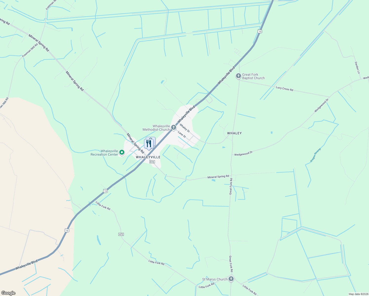map of restaurants, bars, coffee shops, grocery stores, and more near 6340 Vaughan Avenue in Suffolk