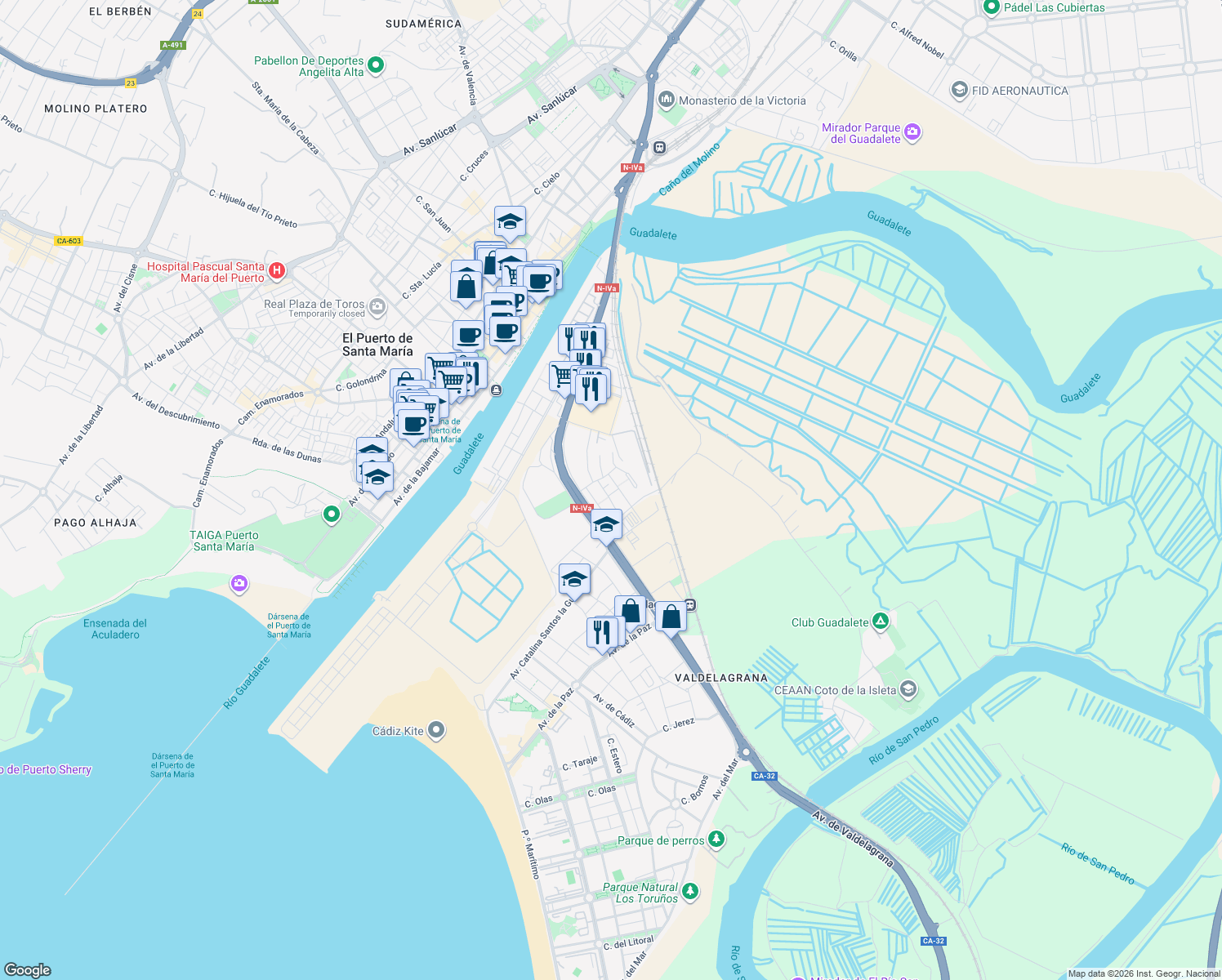 map of restaurants, bars, coffee shops, grocery stores, and more near 1C Mosto in El Puerto de Santa María