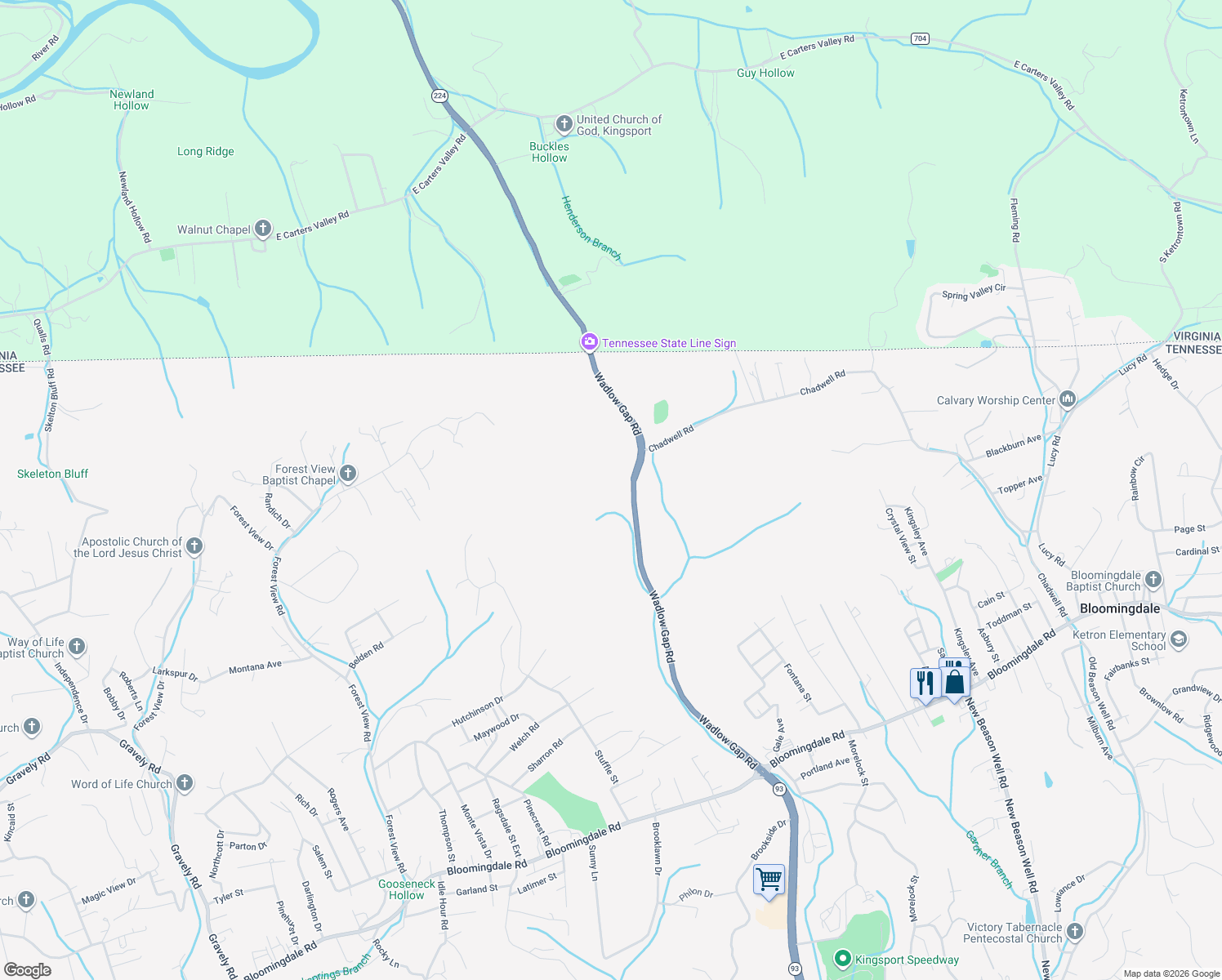 map of restaurants, bars, coffee shops, grocery stores, and more near 501 Wadlow Gap Road in Kingsport