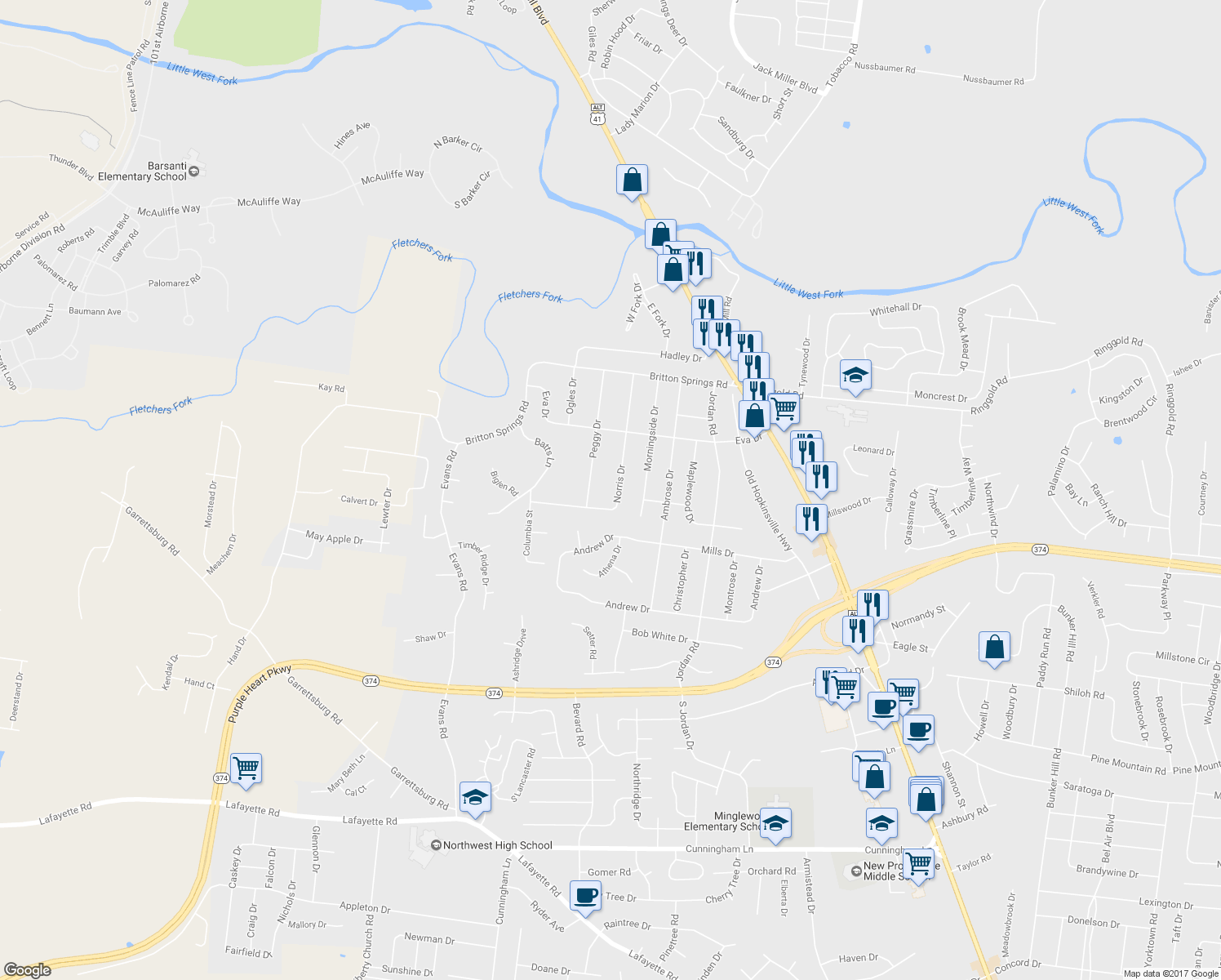map of restaurants, bars, coffee shops, grocery stores, and more near 217 Norris Drive in Clarksville