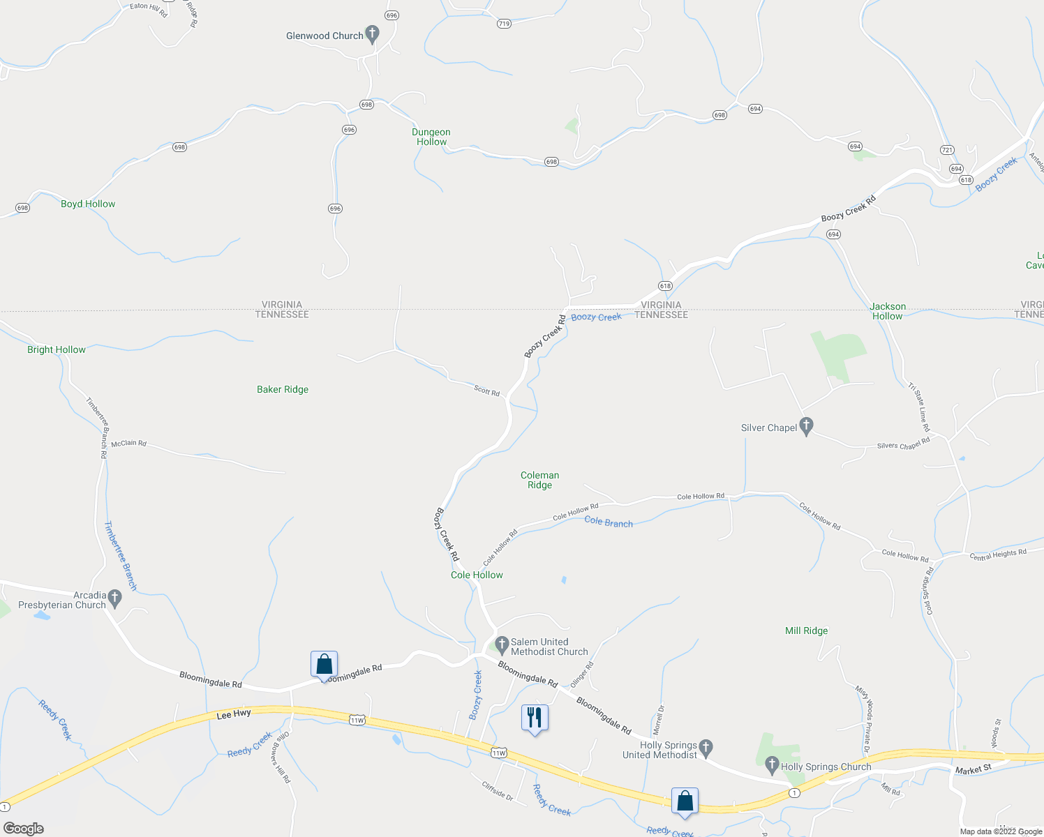 map of restaurants, bars, coffee shops, grocery stores, and more near 640 Boozy Creek Road in Blountville