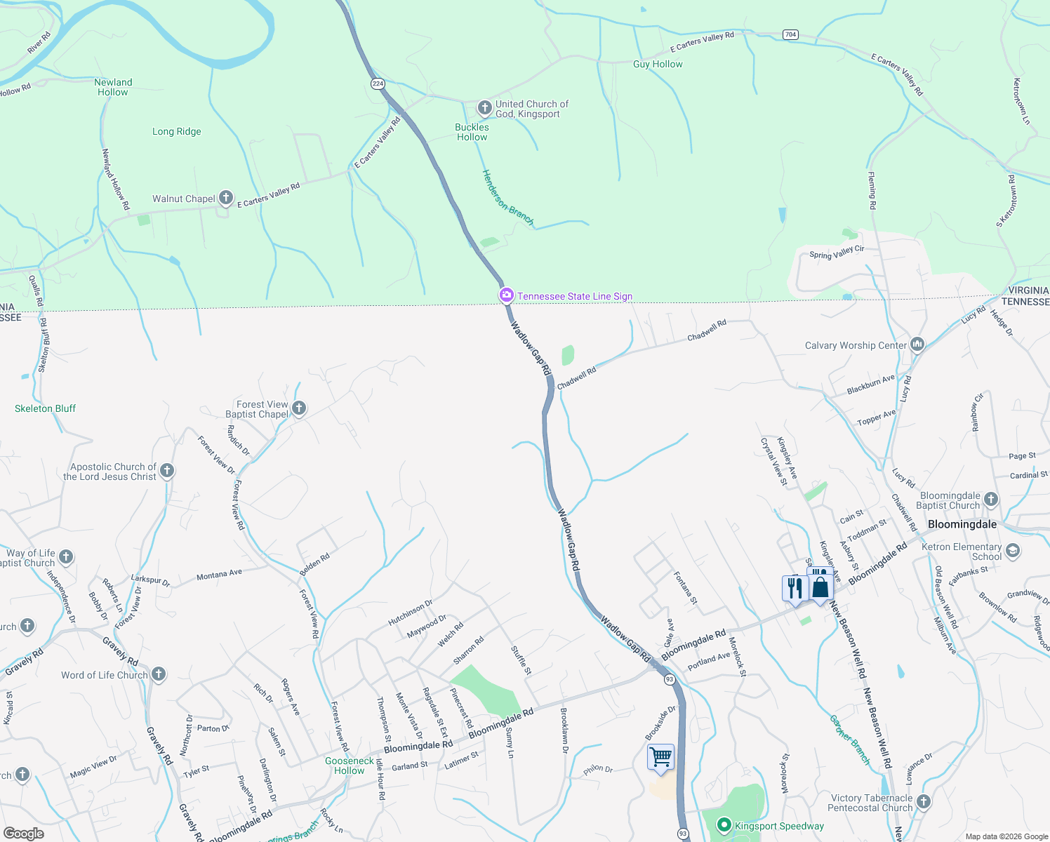 map of restaurants, bars, coffee shops, grocery stores, and more near 501 Wadlow Gap Road in Kingsport
