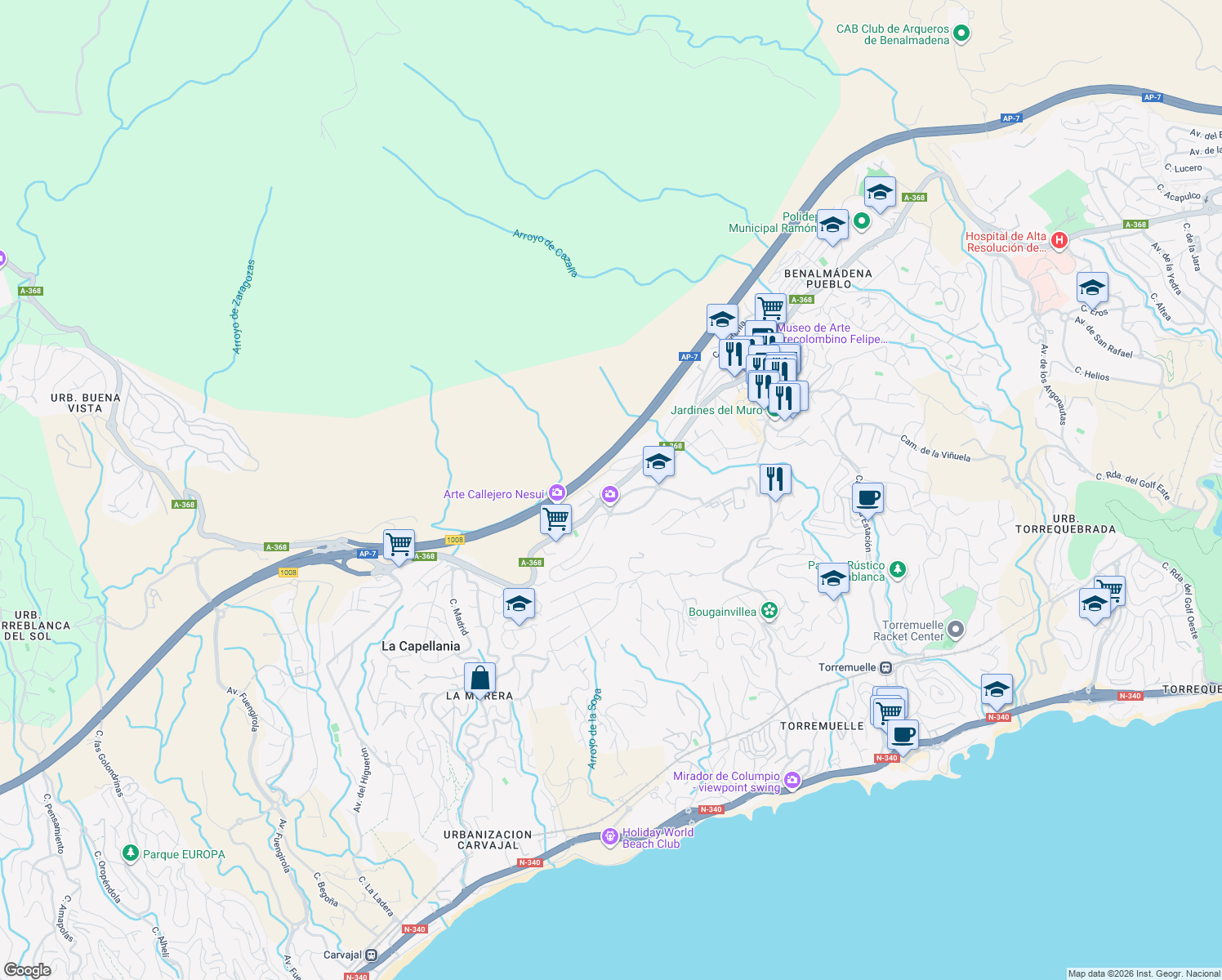 map of restaurants, bars, coffee shops, grocery stores, and more near 12 Avenida Retamar in Benalmádena