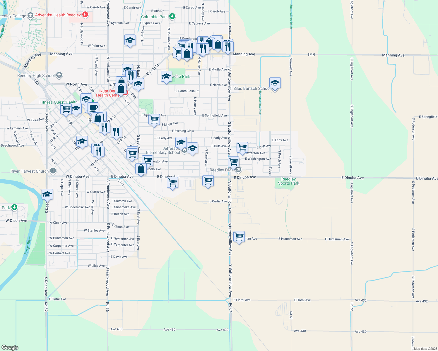 map of restaurants, bars, coffee shops, grocery stores, and more near 1570 East Dinuba Avenue in Reedley
