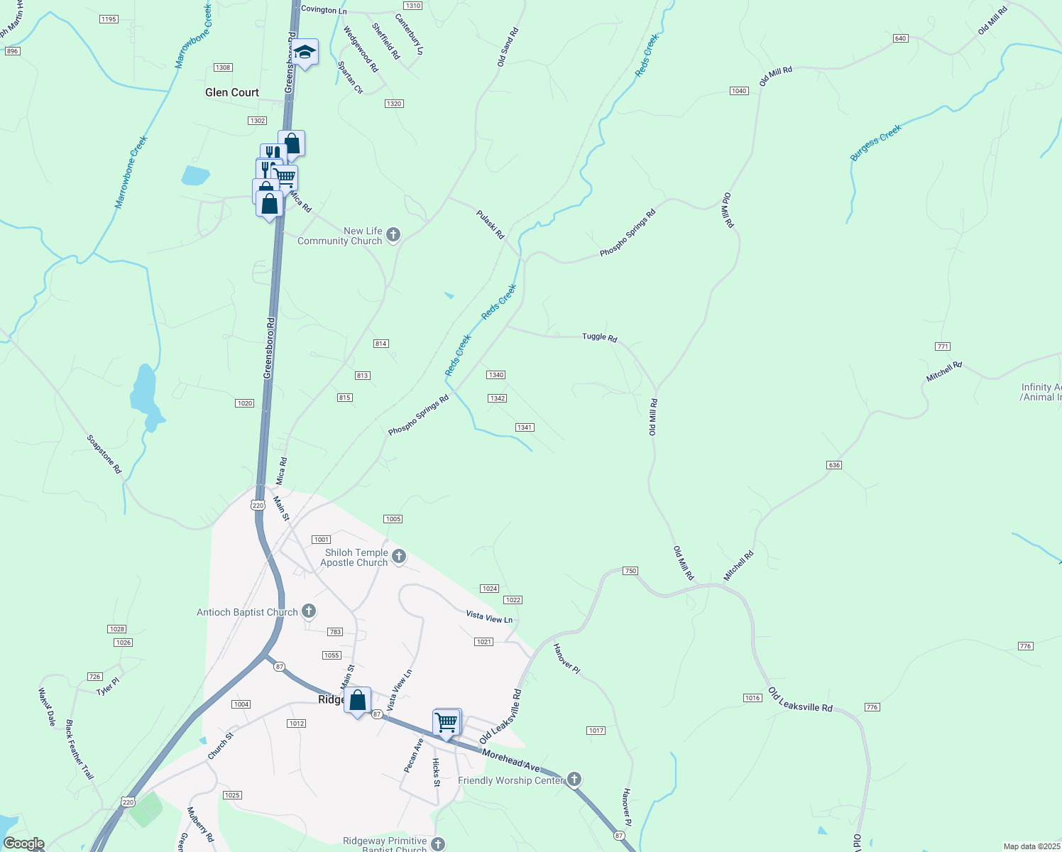 map of restaurants, bars, coffee shops, grocery stores, and more near 207 Eisenhower Road in Ridgeway