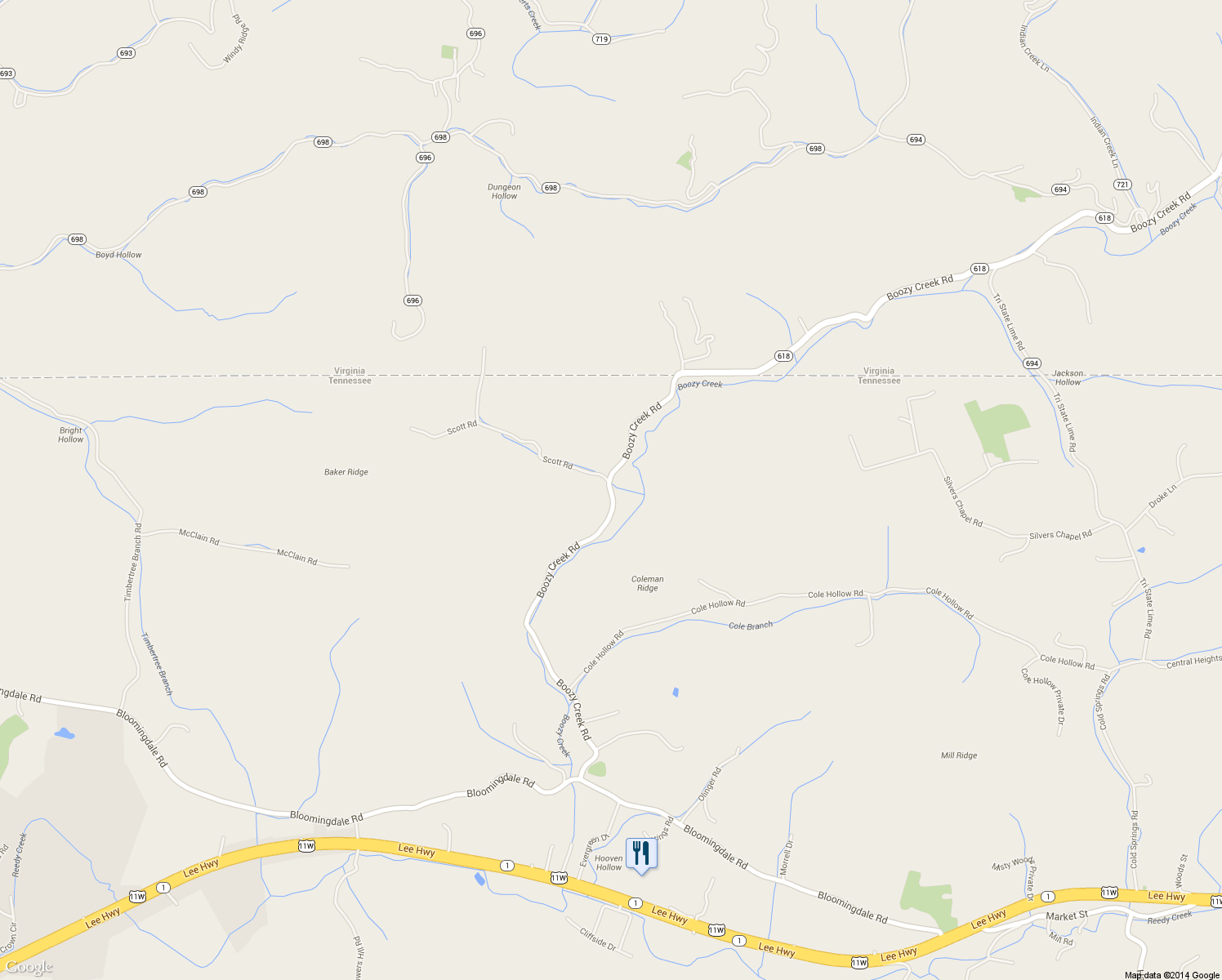 map of restaurants, bars, coffee shops, grocery stores, and more near 640 Boozy Creek Road in Blountville