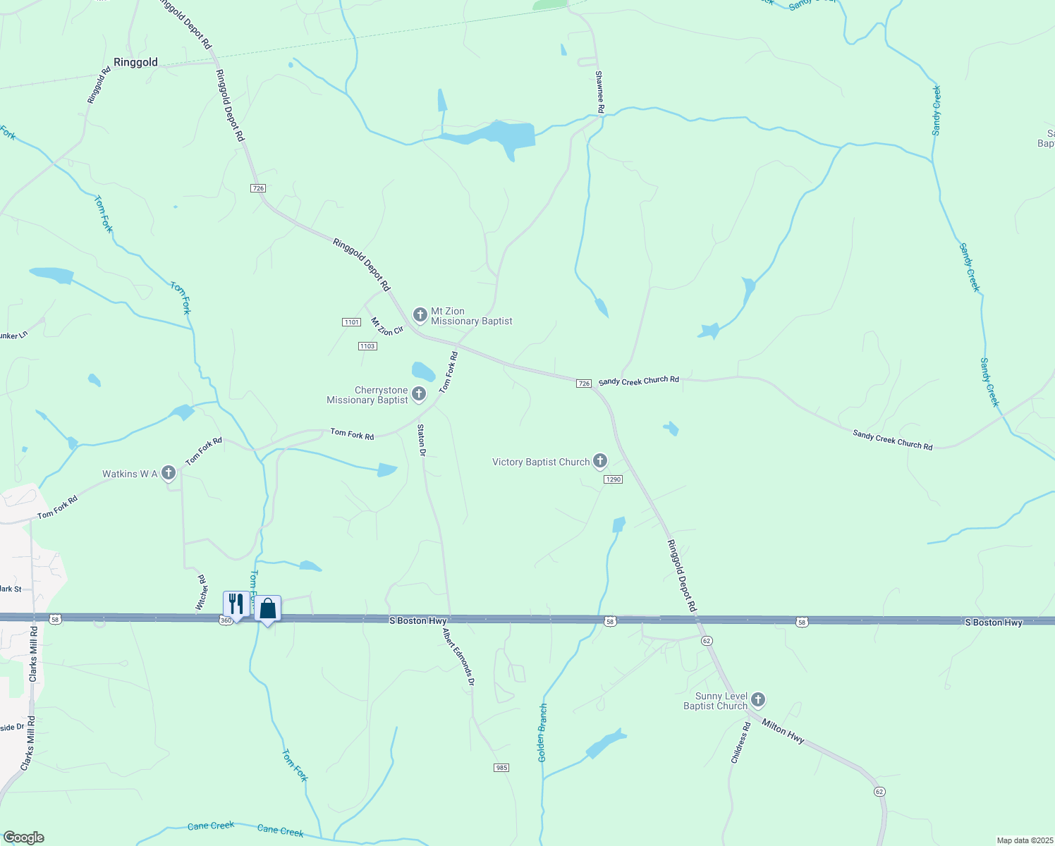 map of restaurants, bars, coffee shops, grocery stores, and more near 155 Oliver Drive in Ringgold