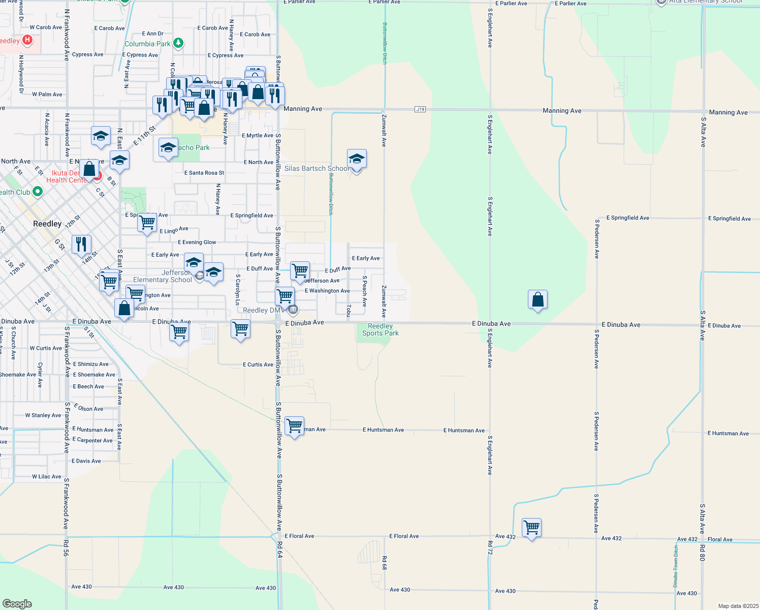 map of restaurants, bars, coffee shops, grocery stores, and more near 9899 Zumwalt Avenue in Reedley