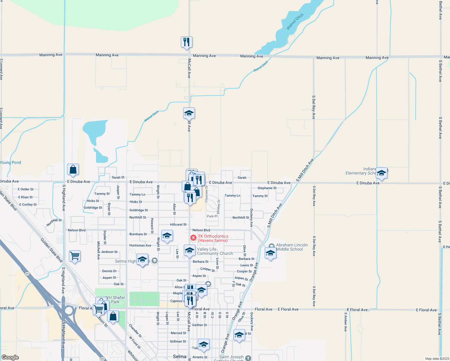 map of restaurants, bars, coffee shops, grocery stores, and more near 3900 Mulberry St in Selma