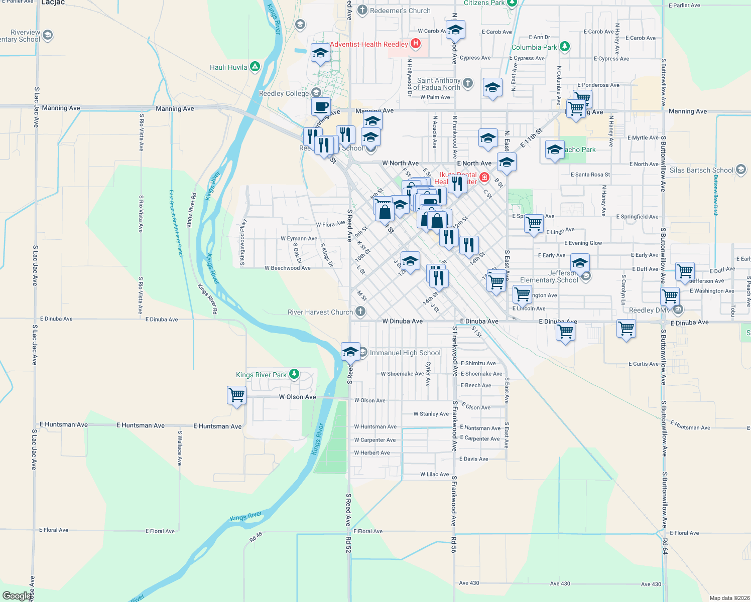 map of restaurants, bars, coffee shops, grocery stores, and more near 2252 12th Street in Reedley