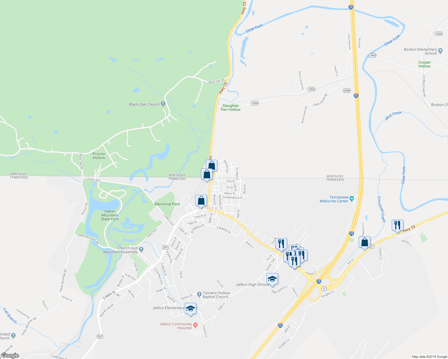 map of restaurants, bars, coffee shops, grocery stores, and more near 421 Ivey Street in Jellico