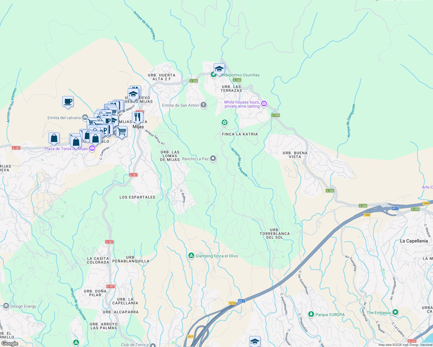 map of restaurants, bars, coffee shops, grocery stores, and more near in Mijas