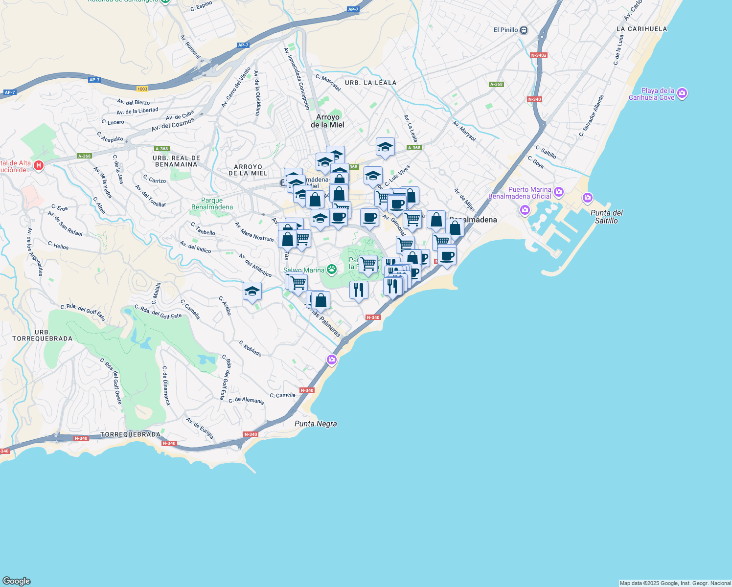 map of restaurants, bars, coffee shops, grocery stores, and more near 3 Avenida del Parque in Benalmádena