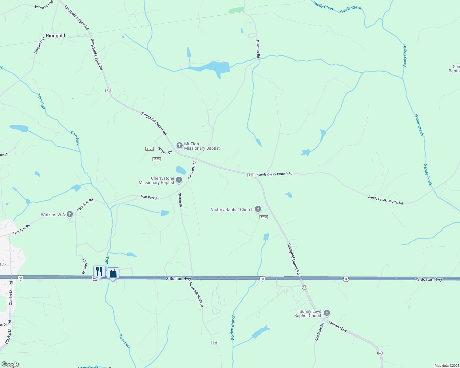 map of restaurants, bars, coffee shops, grocery stores, and more near 155 Oliver Drive in Ringgold