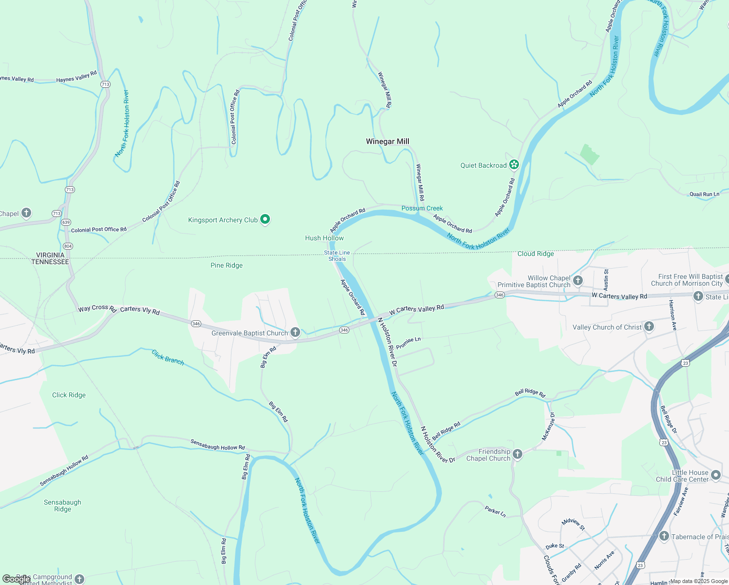 map of restaurants, bars, coffee shops, grocery stores, and more near 2520 North Holston River Drive Extension in Kingsport