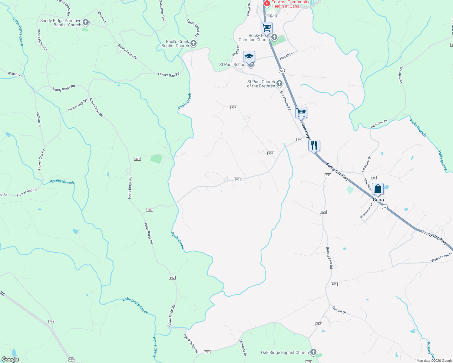 map of restaurants, bars, coffee shops, grocery stores, and more near Peakview Rd in Cana