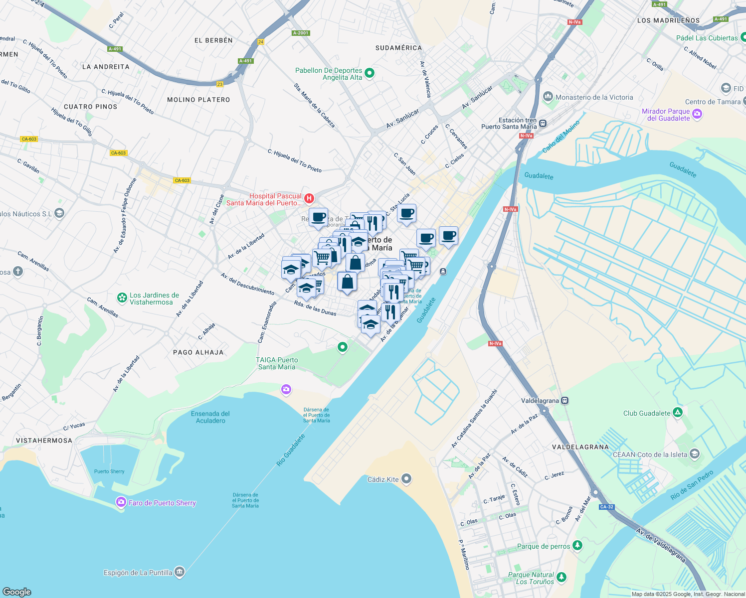 map of restaurants, bars, coffee shops, grocery stores, and more near in El Puerto de Santa María