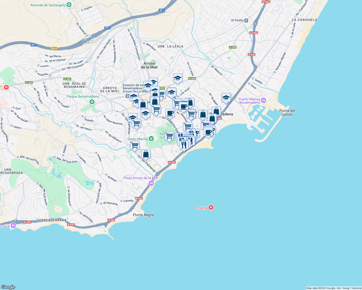 map of restaurants, bars, coffee shops, grocery stores, and more near 4 Avenida Federico García Lorca in Benalmádena