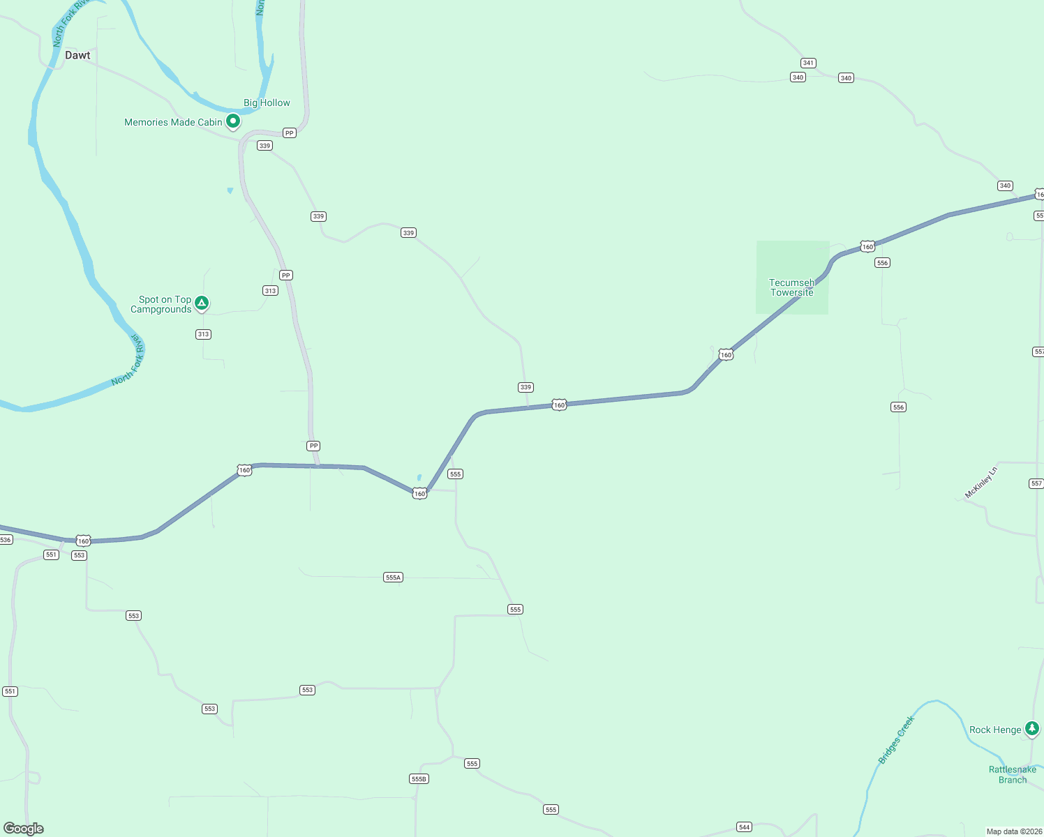 map of restaurants, bars, coffee shops, grocery stores, and more near U.S. 160 in Tecumseh
