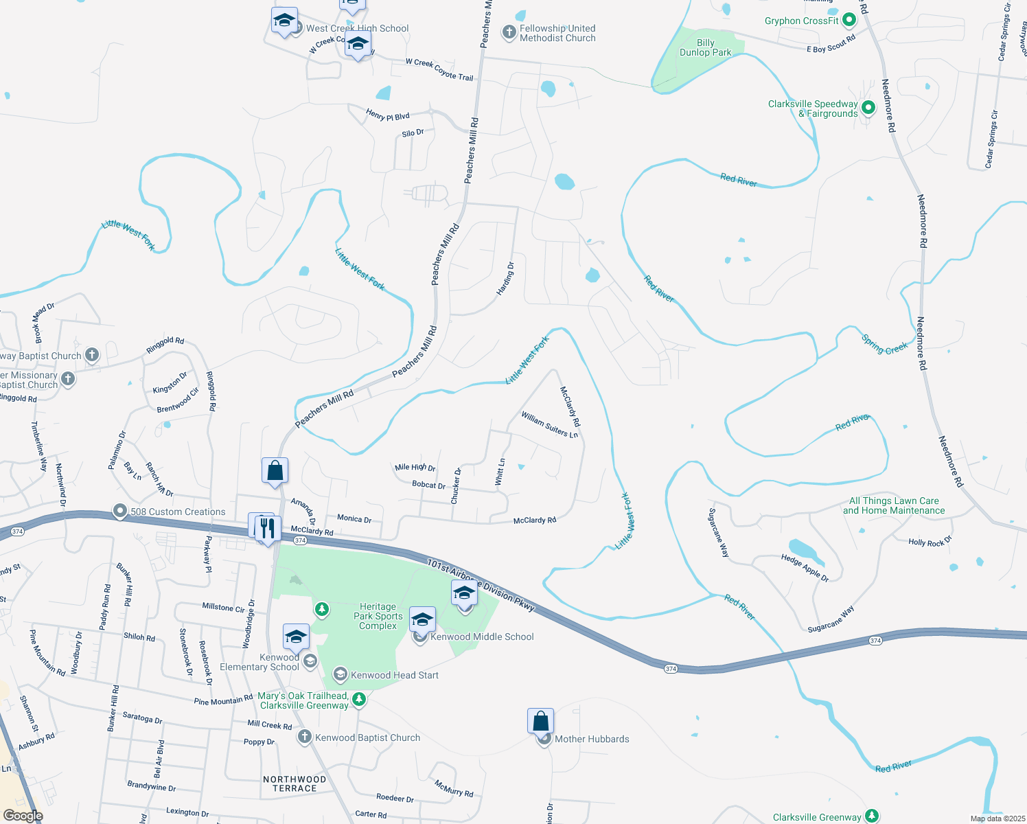 map of restaurants, bars, coffee shops, grocery stores, and more near 1486 McClardy Road in Clarksville