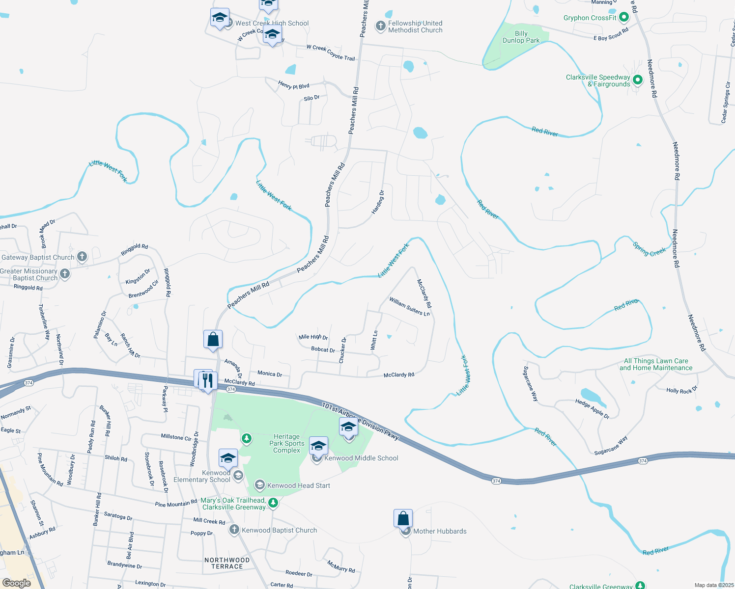 map of restaurants, bars, coffee shops, grocery stores, and more near 1352 Chucker Drive in Clarksville