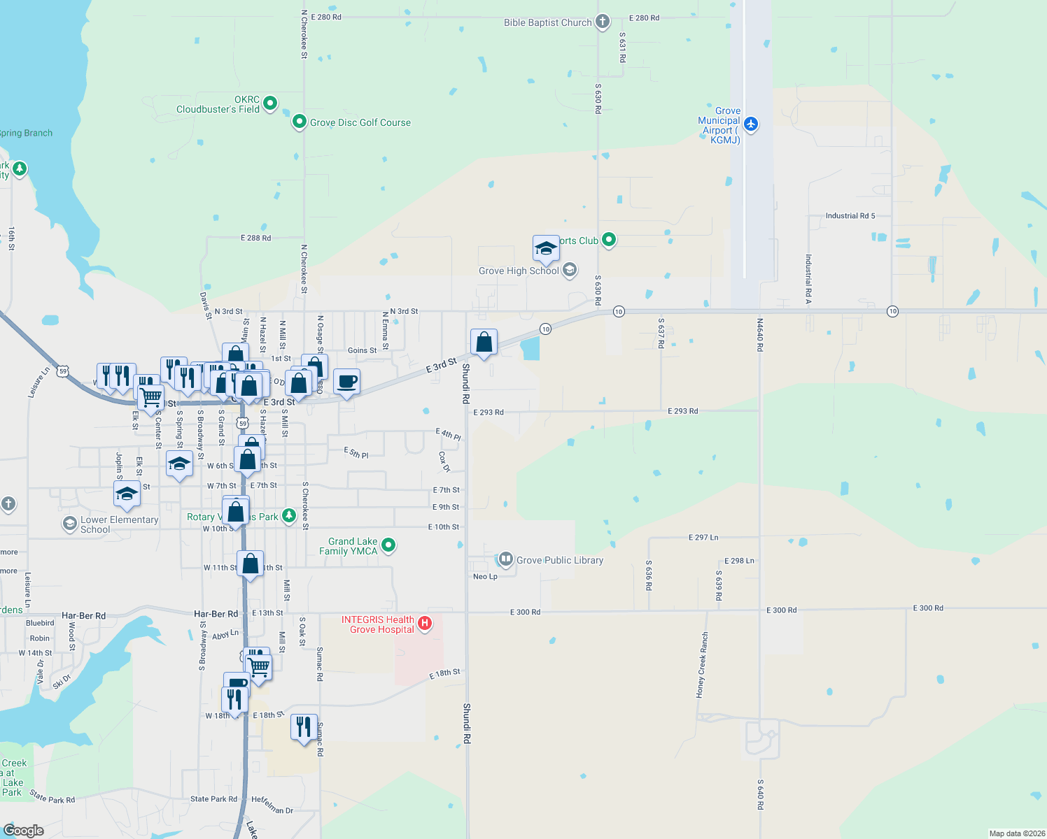 map of restaurants, bars, coffee shops, grocery stores, and more near 29302 South 632 Lane in Grove