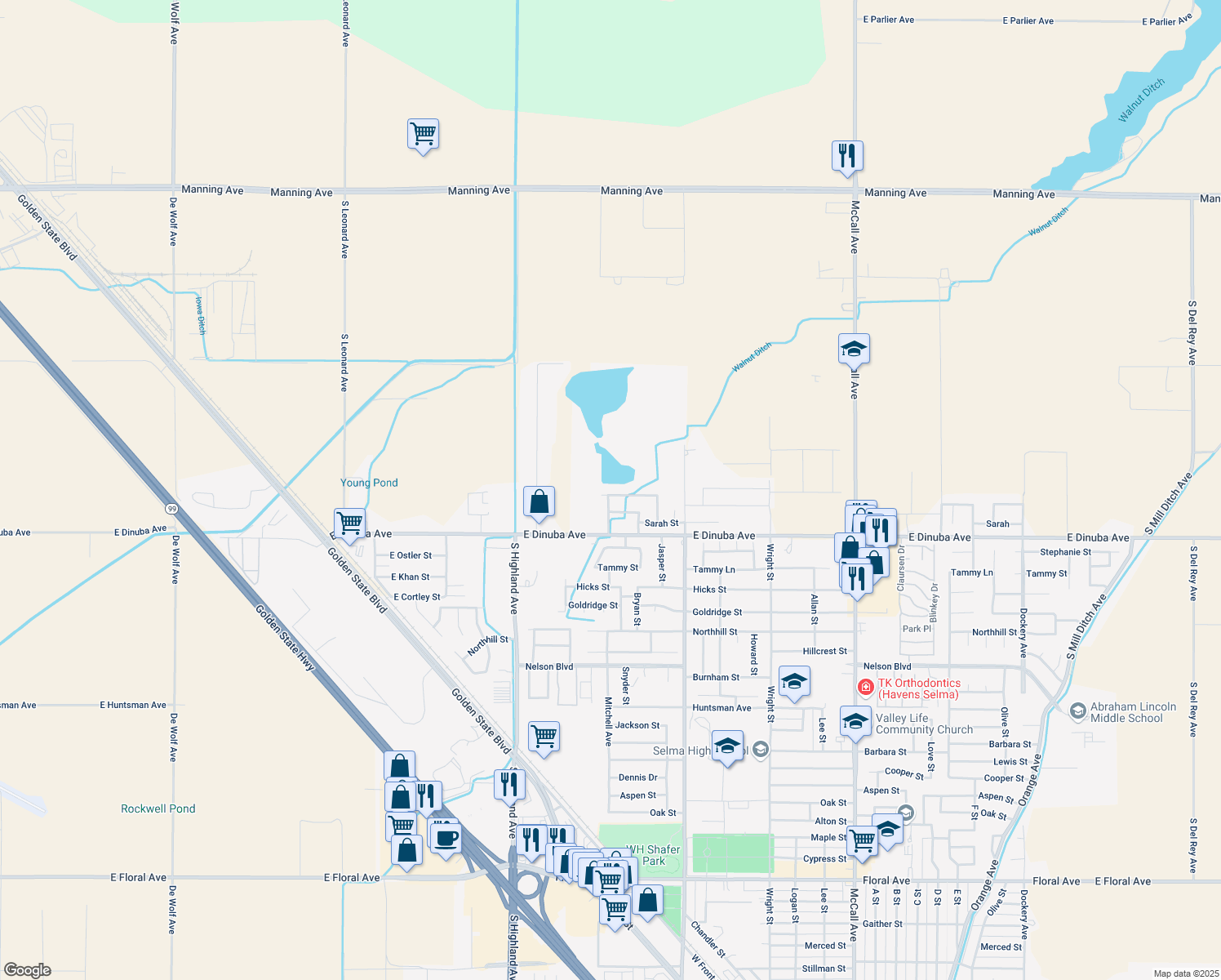 map of restaurants, bars, coffee shops, grocery stores, and more near 2640 Sierra View Street in Selma